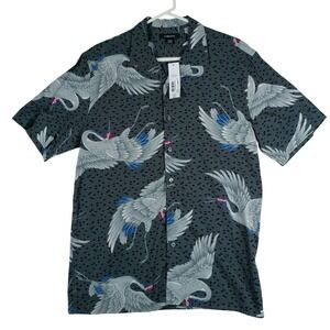Claiborne Crane Print Shirt Mens Large Grey Black New Short Sleeve Button Down